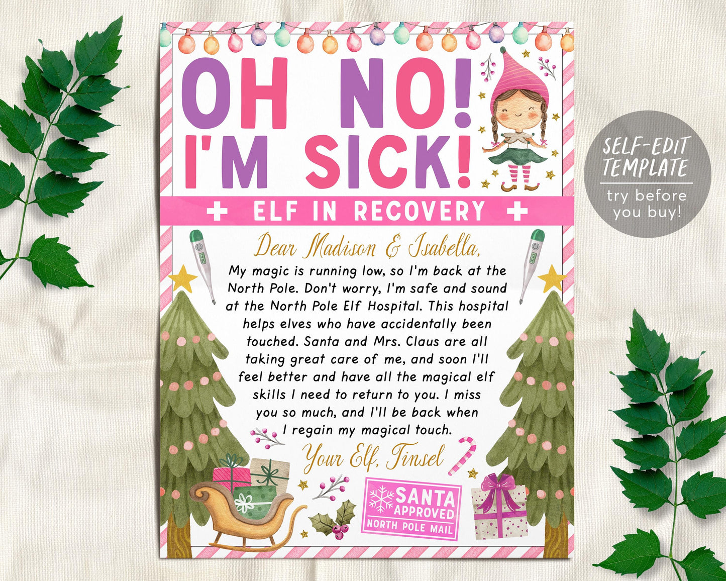 Christmas Pink Girl Elves Recovery Letter Editable Template