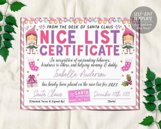 Pink Nice List Certificate Editable Template