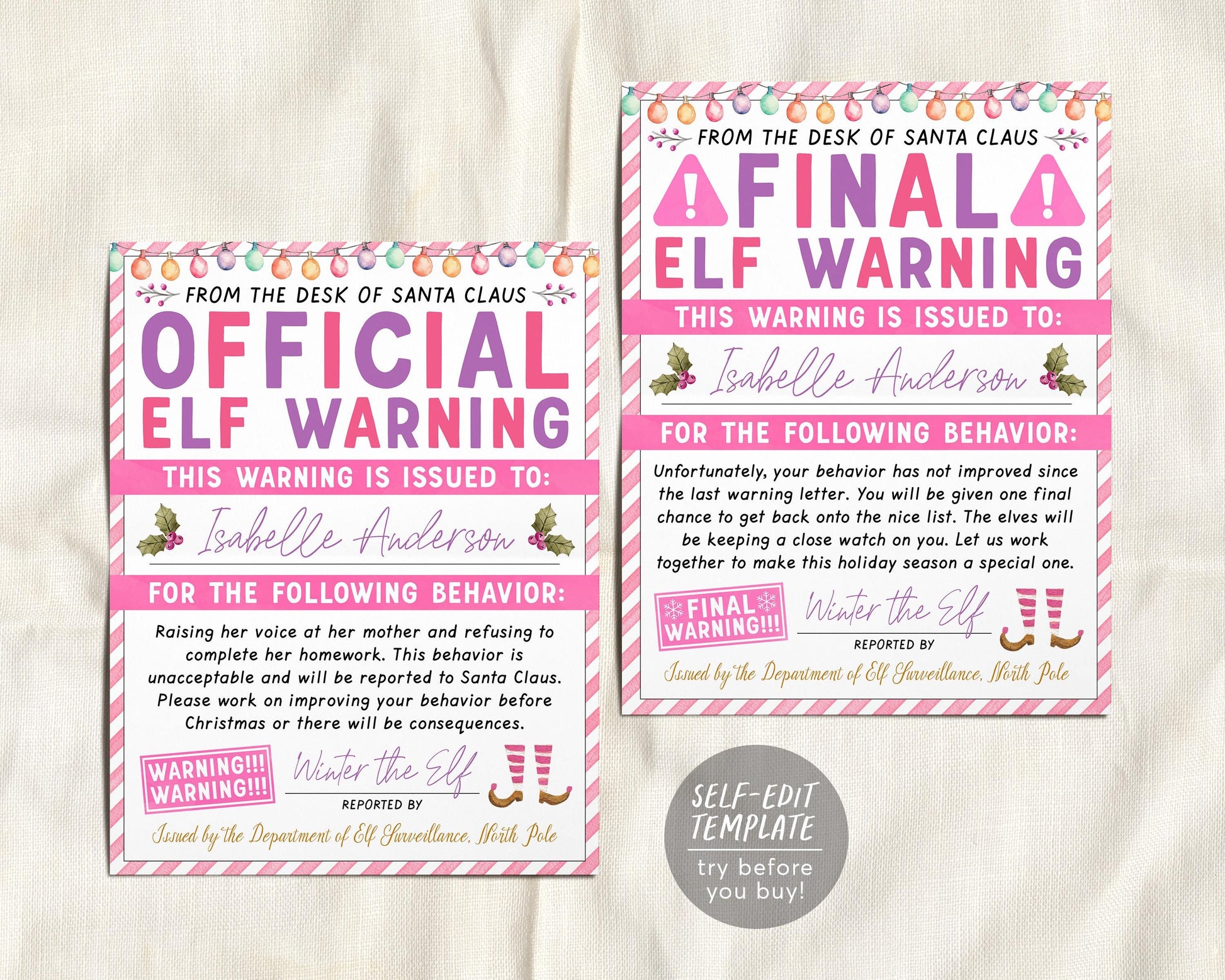 Pink Elf Warning Report Editable Template