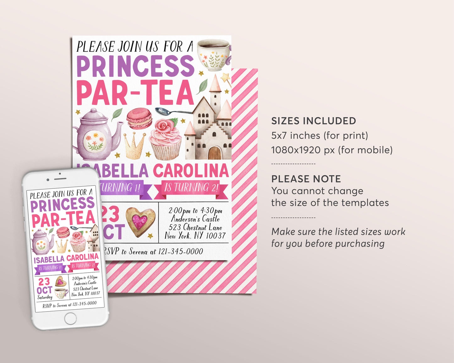 Princess Tea Party Joint Siblings Birthday Invitation Editable Template, Twins Girls Let's Par-Tea High Tea Afternoon Castle Party Invite,