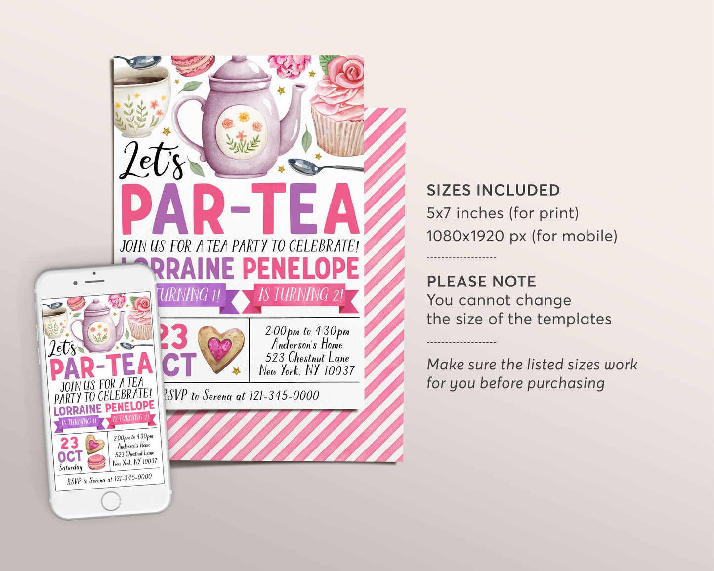 Tea Party Joint Siblings Birthday Invitation Editable Template, Kids Twin Girls Let's Par-Tea High Tea Garden Party Invite, Whimsical Evite