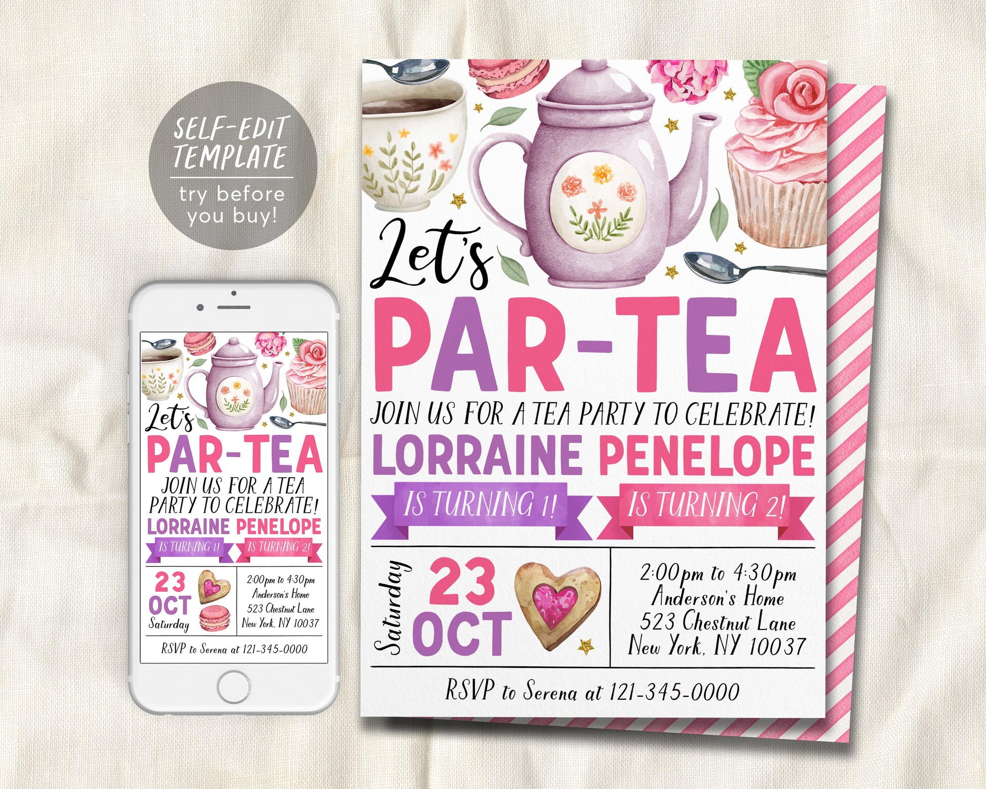 Tea Party Joint Siblings Birthday Invitation Editable Template