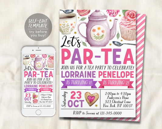 Tea Party Joint Siblings Birthday Invitation Editable Template