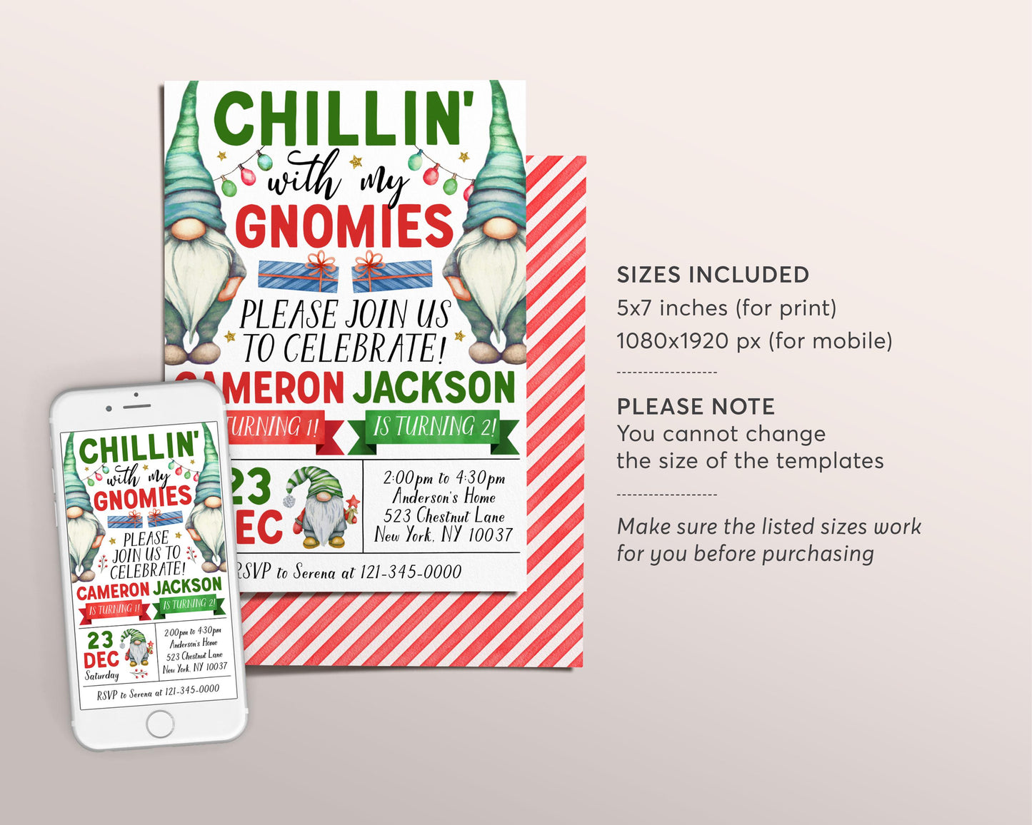 Gnome Joint Siblings Birthday Invitation Editable Template, Kids Twin Boys Chillin' with My Gnomies Party Invite, Gnomes Winter Party Evite