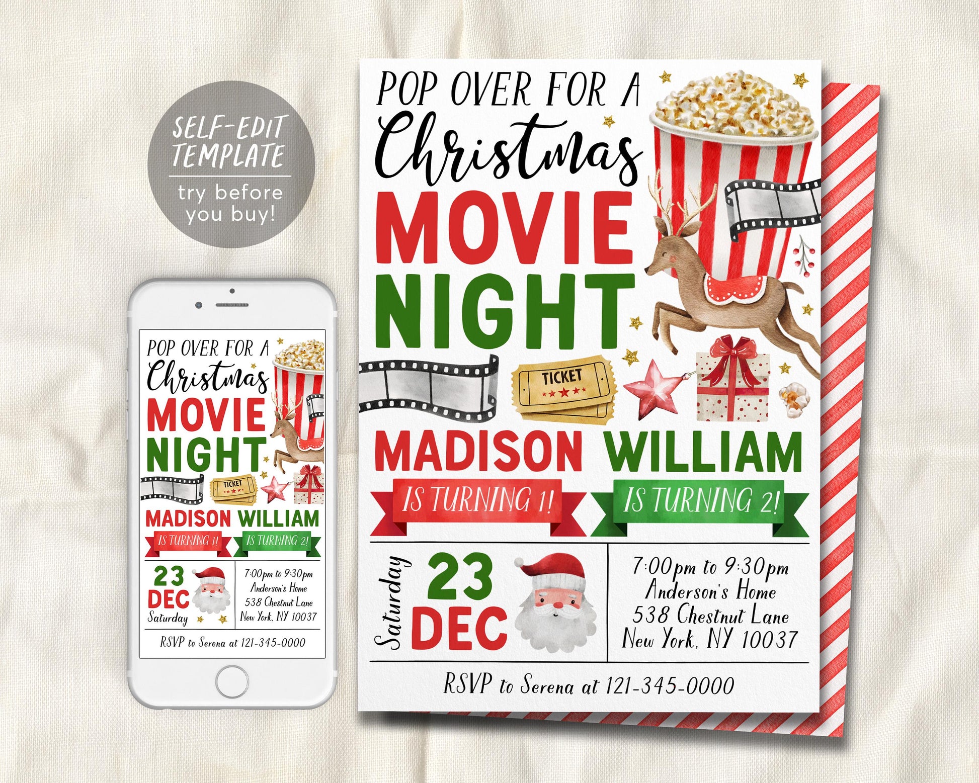 Christmas Movie Night Joint Siblings Birthday Invitation Editable Template