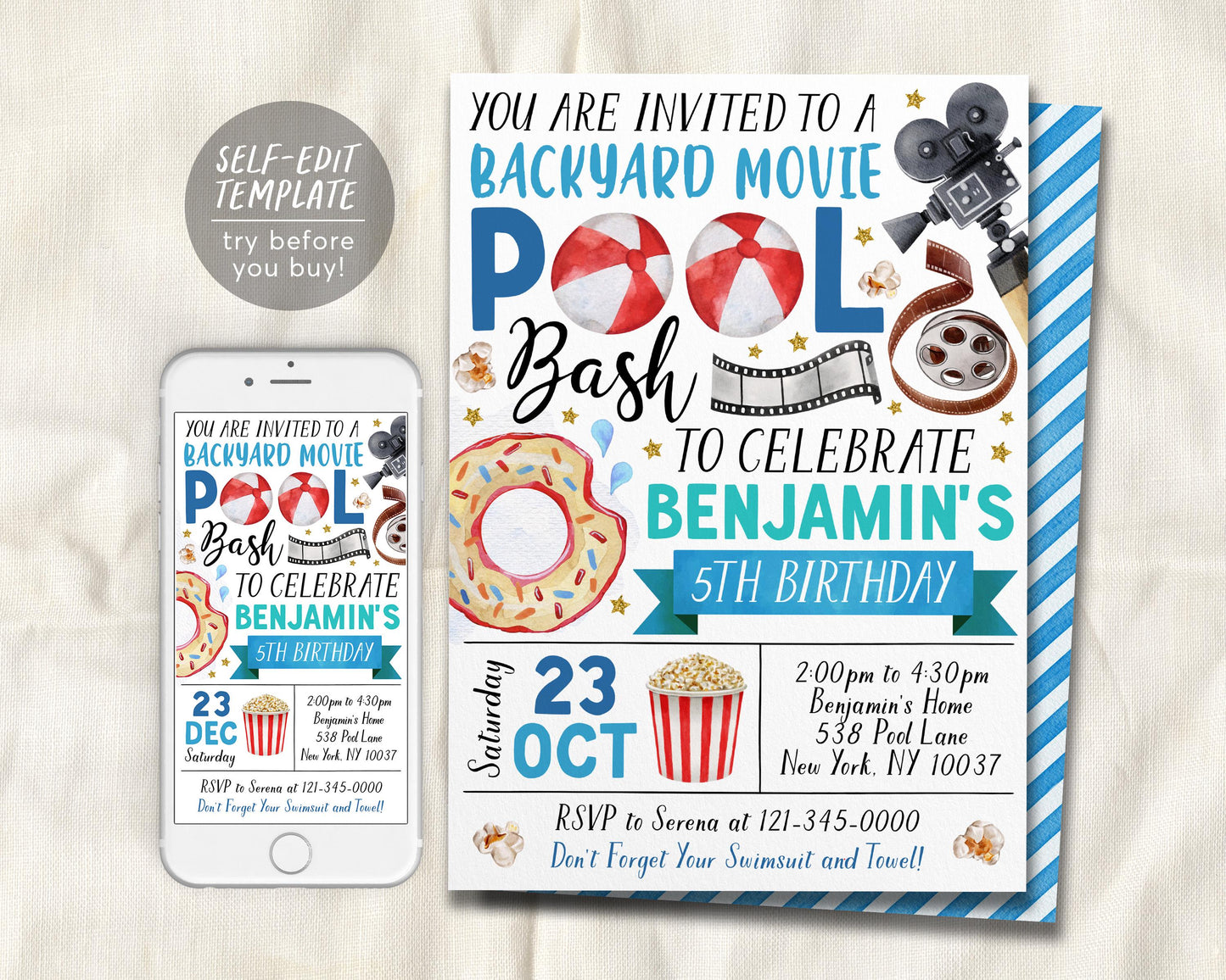 Backyard Movie and Pool Bash Party Invitation Editable Template