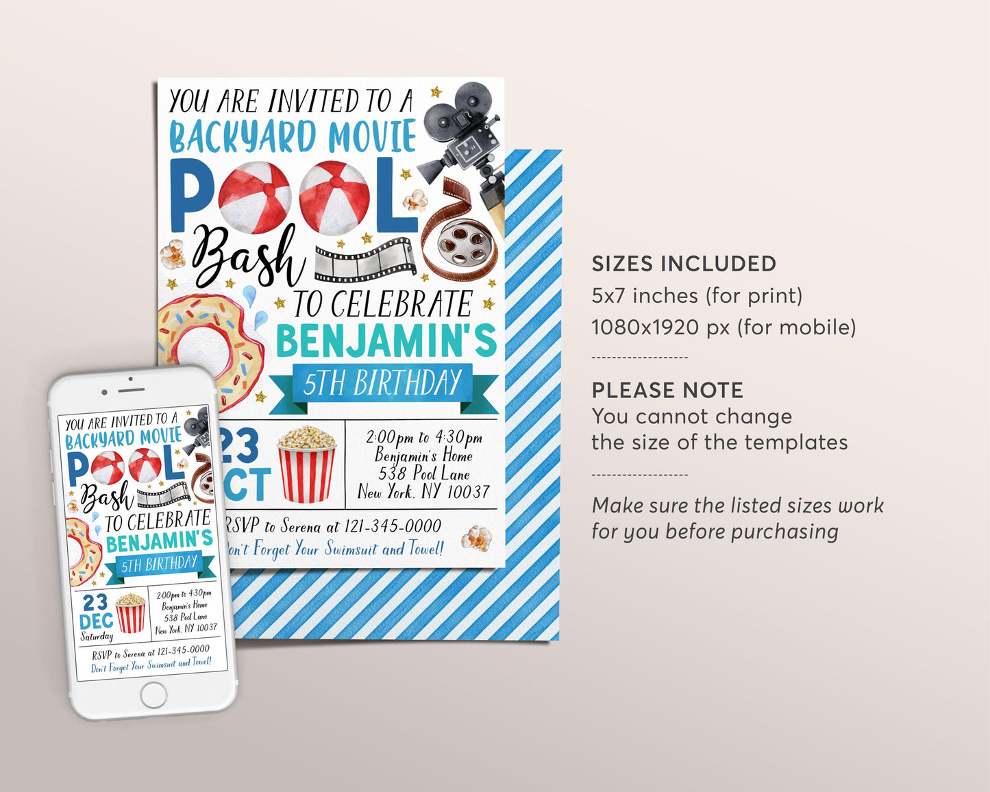 Backyard Movie and Pool Bash Party Invitation Editable Template, Summer Movie Night Birthday Outdoor Party Invite, Boy Swim Popcorn Evite