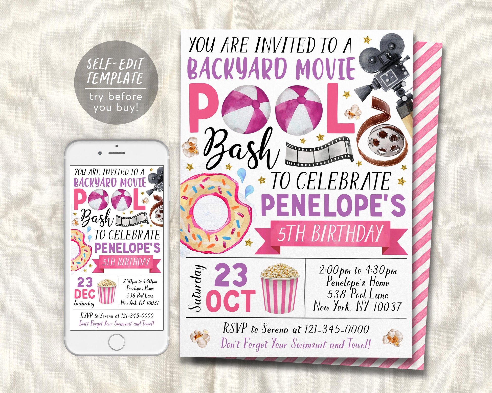 Backyard Movie and Pool Bash Party Invitation Editable Template