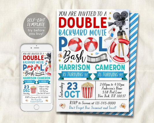 Backyard Movie and Pool Bash Joint Siblings Party Invitation Editable Template