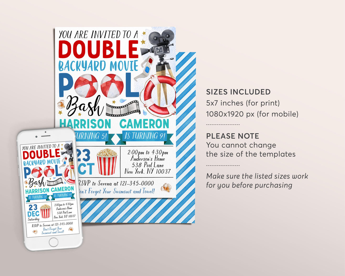 Backyard Movie and Pool Bash Joint Siblings Party Invitation Editable Template, Twins Boys Summer Movie Night Popcorn Birthday Party Invite