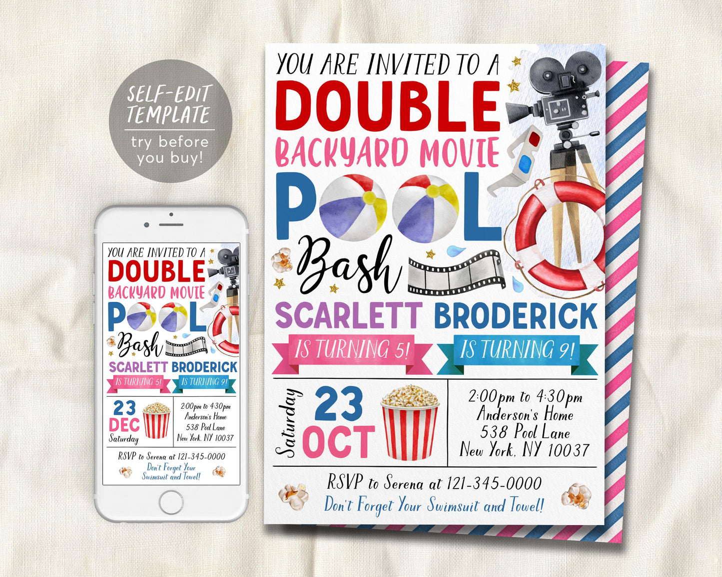 Backyard Movie and Pool Bash Joint Siblings Party Invitation Editable Template