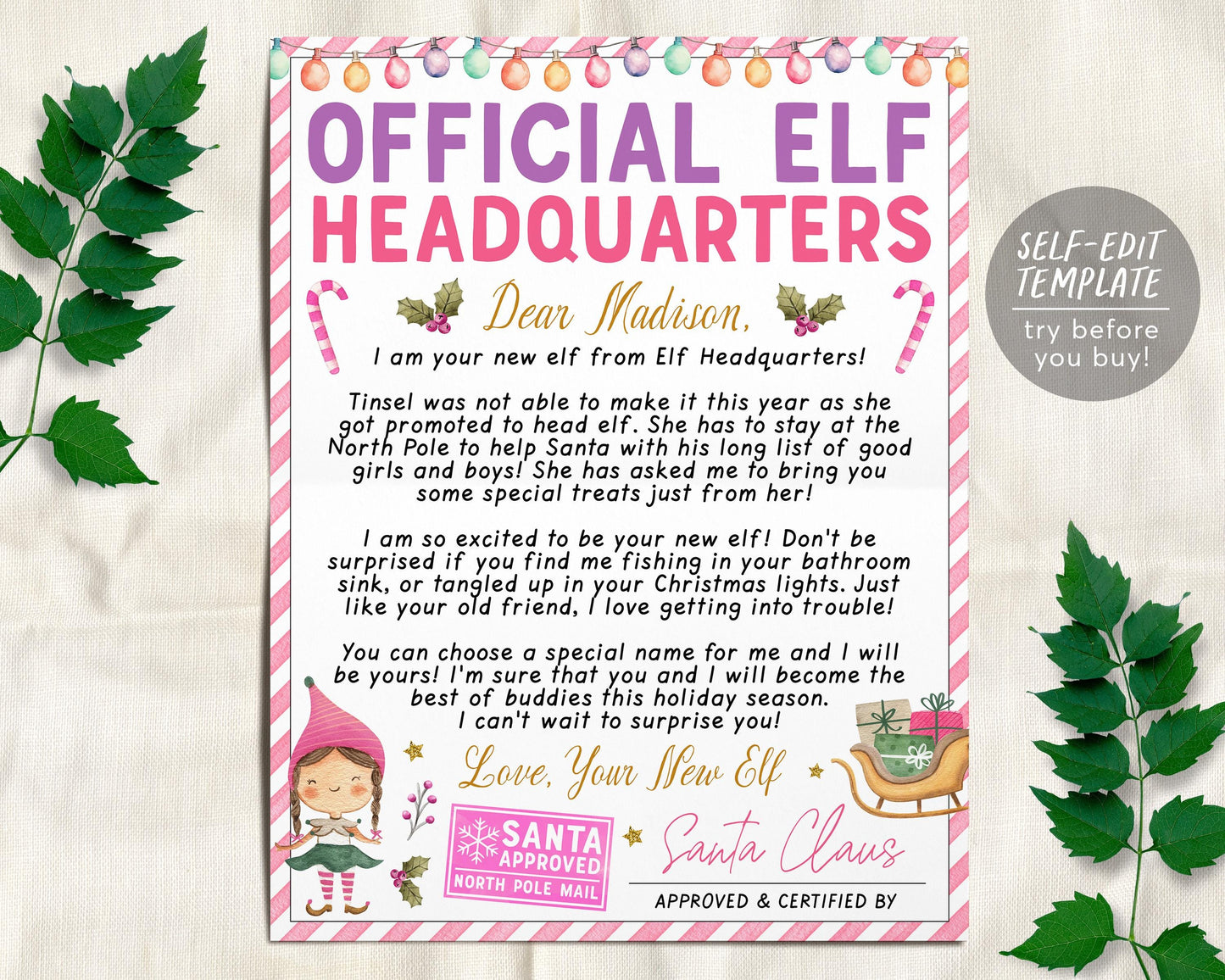 Pink Girl Elf Replacement Letter Editable Template