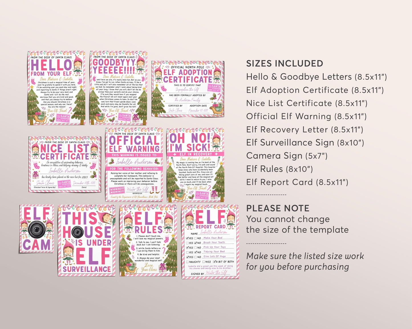 Pink Girl Elf Games BUNDLE Editable Template, Christmas Elves Arrival Welcome Goodbye Letter, Elf Adoption Nice List Certificate Report Card