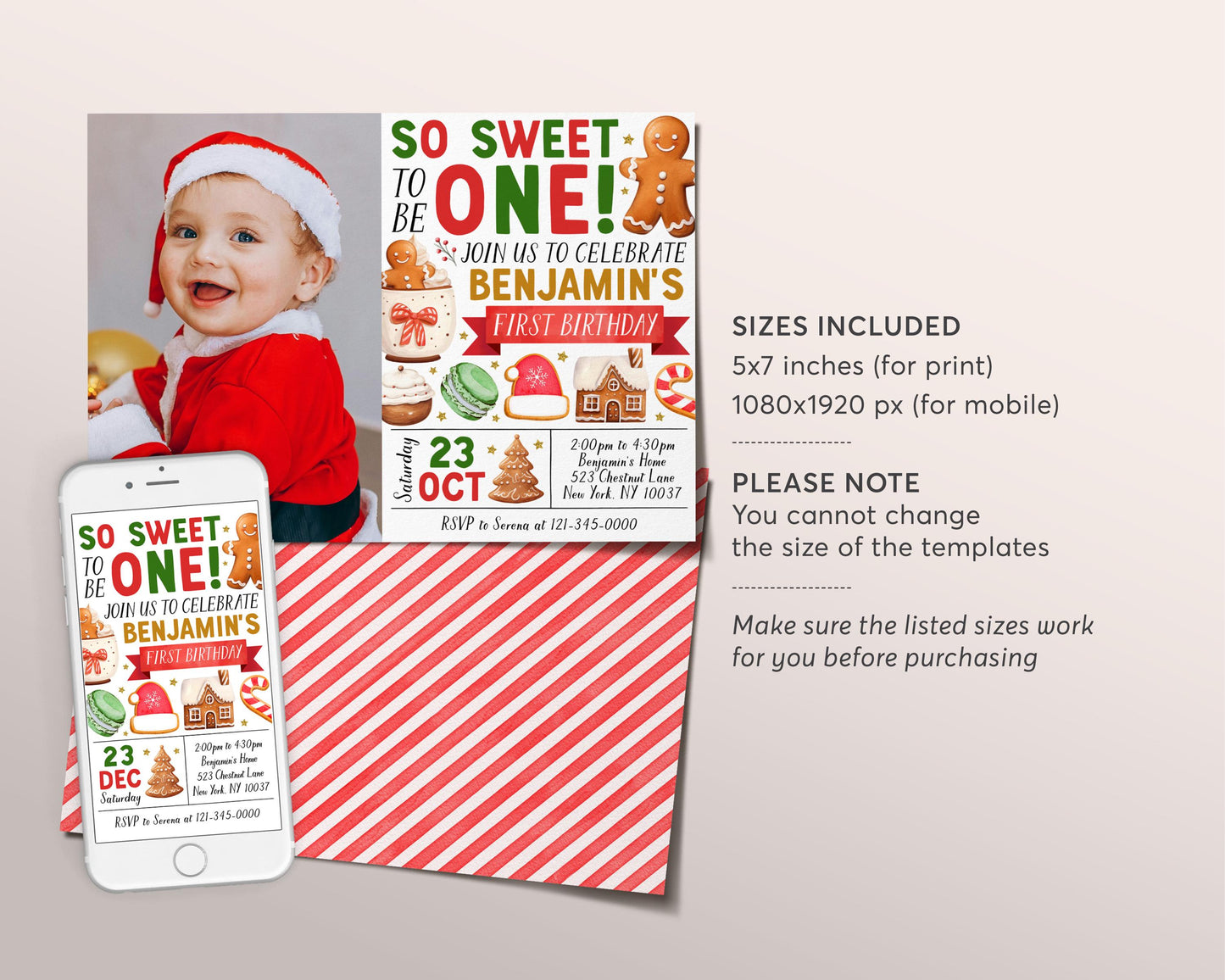 So Sweet Gingerbread First Birthday Invitation With Photo Editable Template, Christmas Gingerbread House Cookie Decorating Party Invite