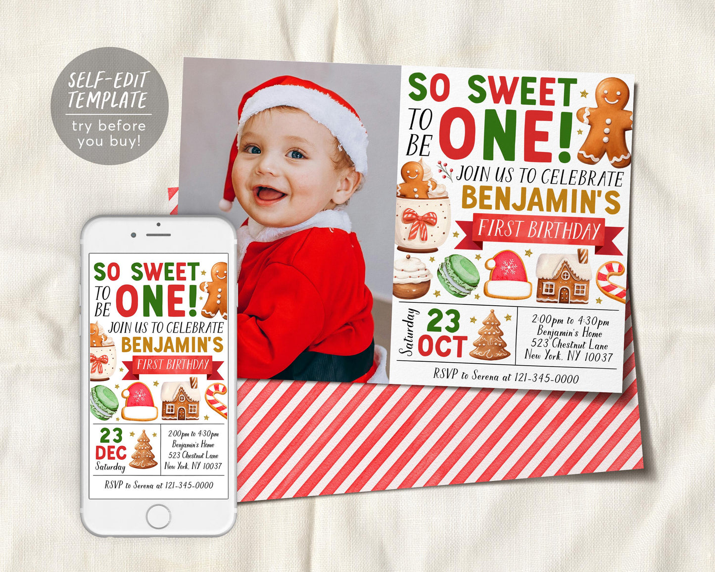 So Sweet Gingerbread First Birthday Invitation With Photo Editable Template