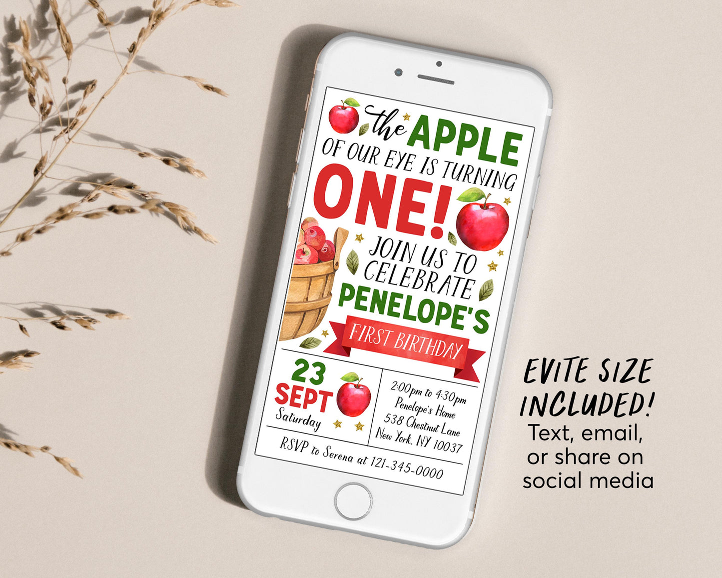 Fall Apple First Birthday Invitation With Photo Editable Template, Kids Apple of Our Eye 1st Party Invite, Bushel of Fun Autumn Theme Evite