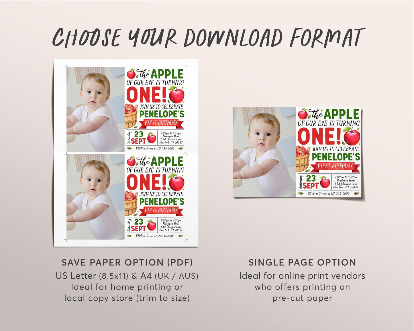 Fall Apple First Birthday Invitation With Photo Editable Template, Kids Apple of Our Eye 1st Party Invite, Bushel of Fun Autumn Theme Evite