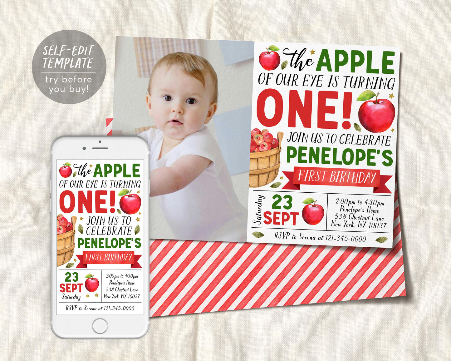 Fall Apple First Birthday Invitation With Photo Editable Template