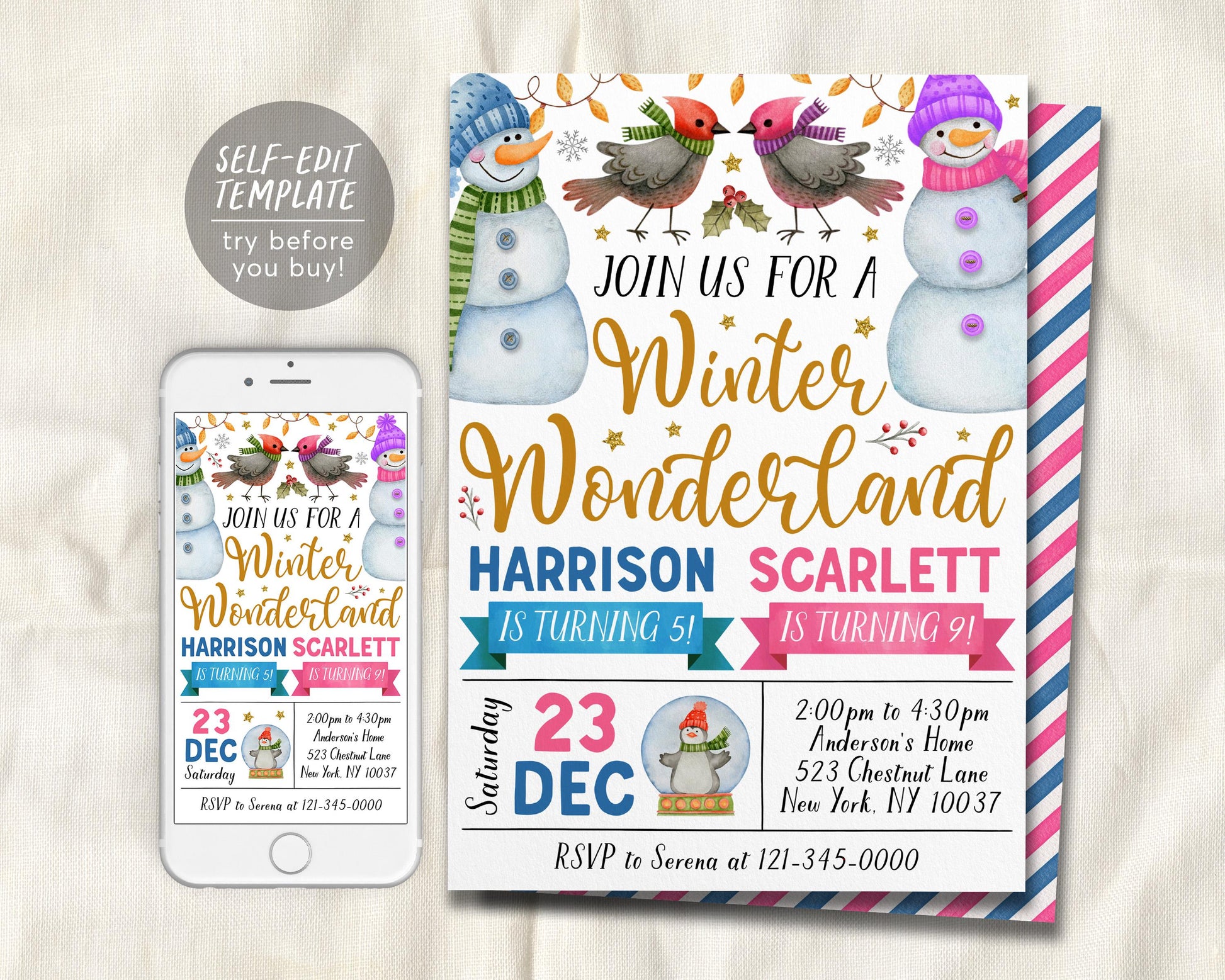 Winter Wonderland Joint Siblings Birthday Invitation Editable Template