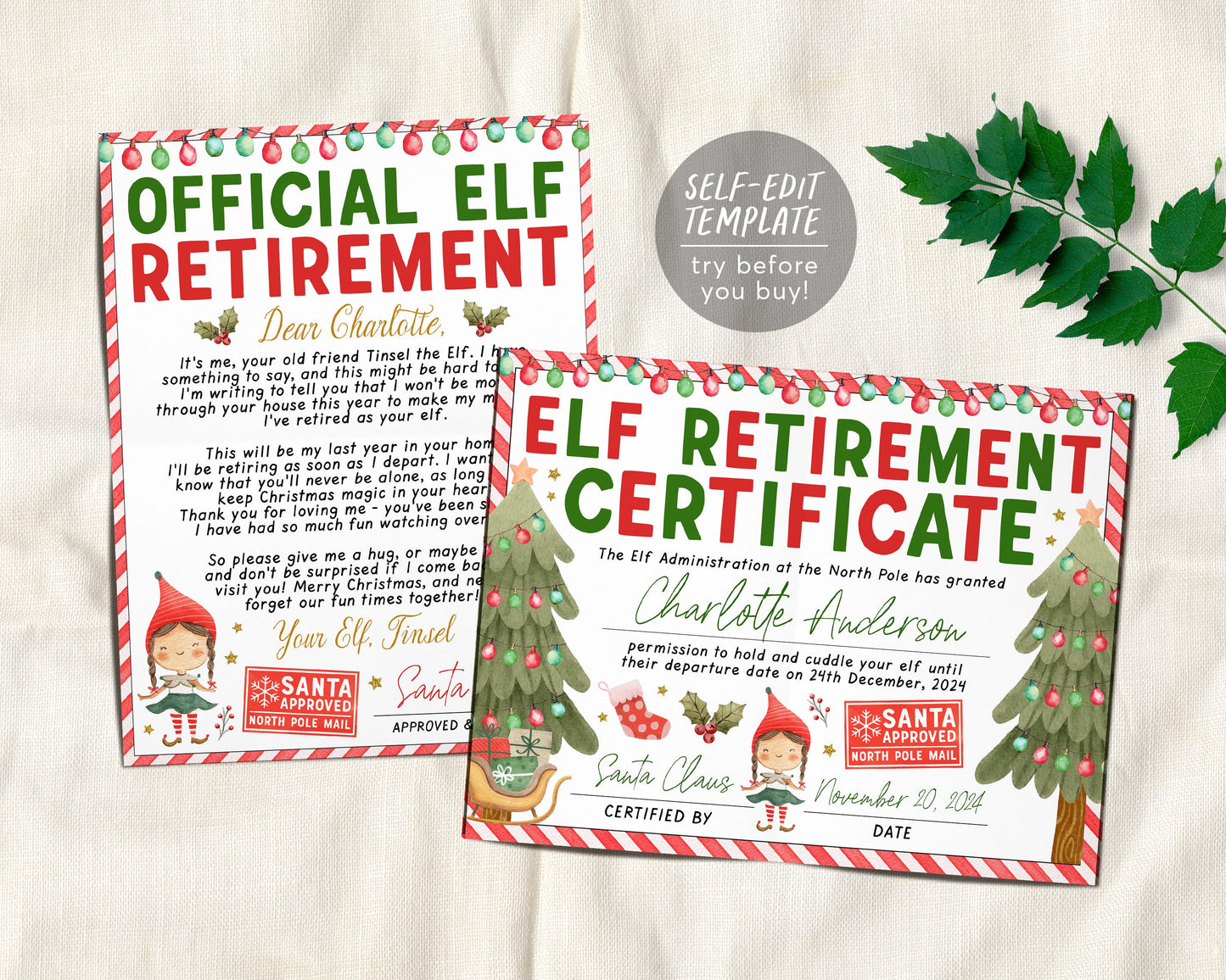 Elf Retirement Letter Bundle Editable Template, BOY OR GIRL Official Elf Retirement Certificate Letter Last Year Elf Farewell Goodbye Letter