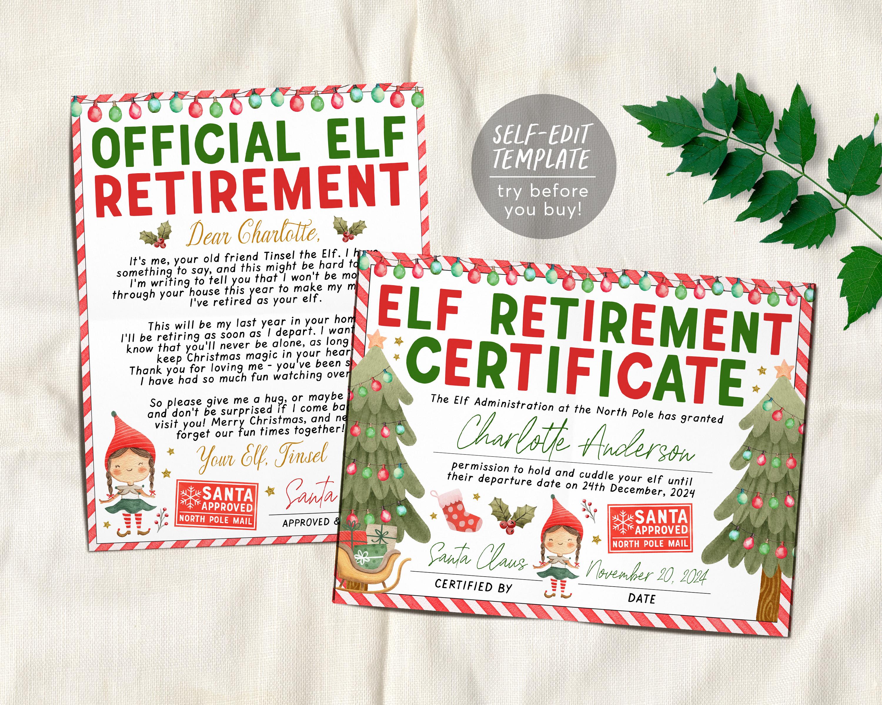 elf retirement letter bundle editable template, boy or girl official elf  retirement certificate letter last year elf farewell goodbye letter