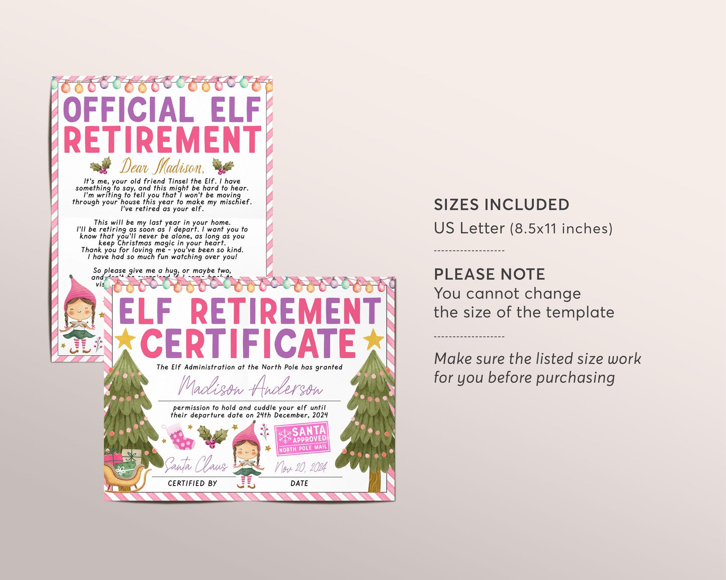 Pink Girl Elf Retirement Letter Bundle Editable Template, Official Elf Retirement Certificate Letter Last Year Elf Farewell Goodbye Letter