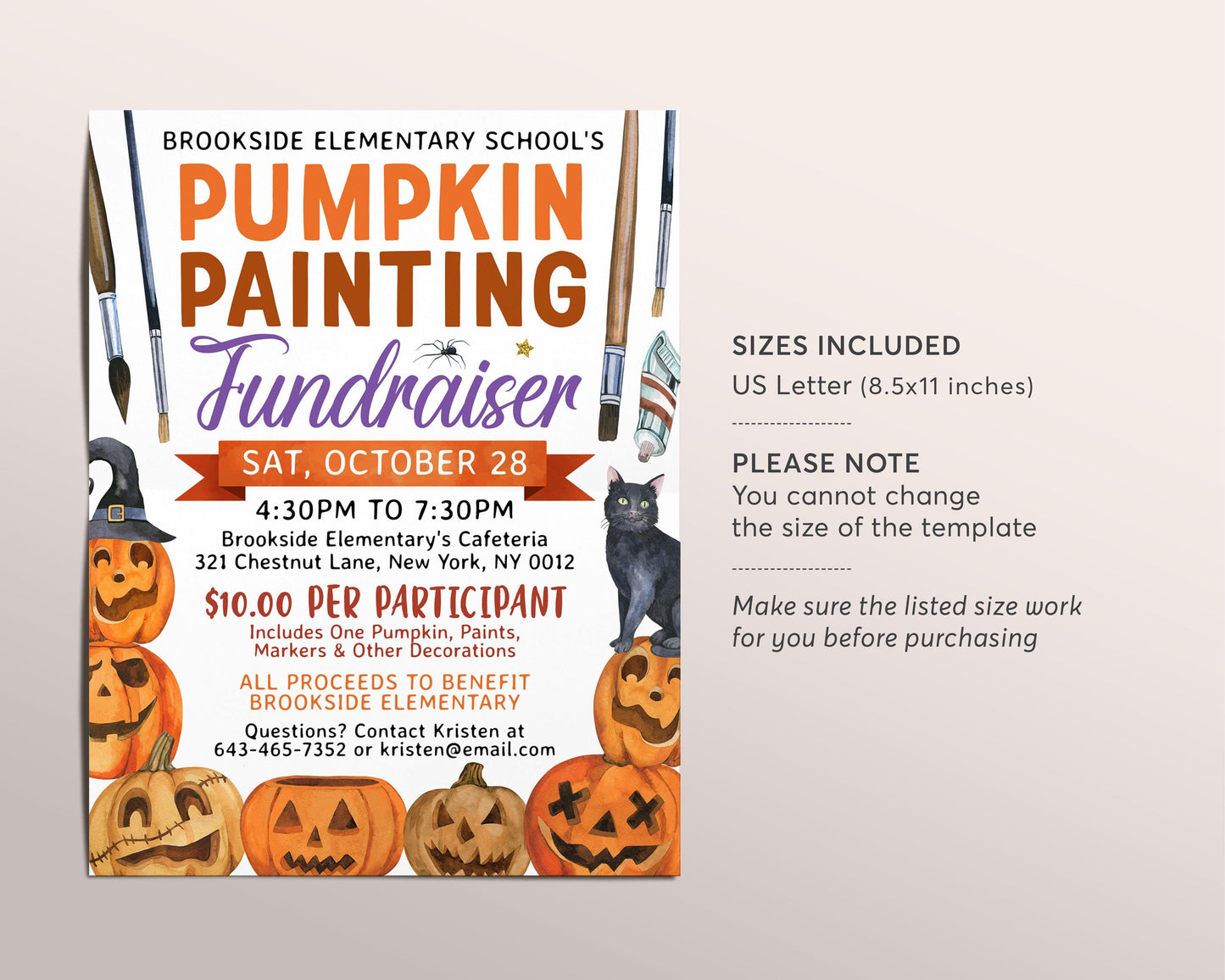 Pumpkin Painting Fundraiser Flyer Editable Template, Halloween Night Pumpkin Art Party Invitation, Trick Or Treat School PTO PTA Church