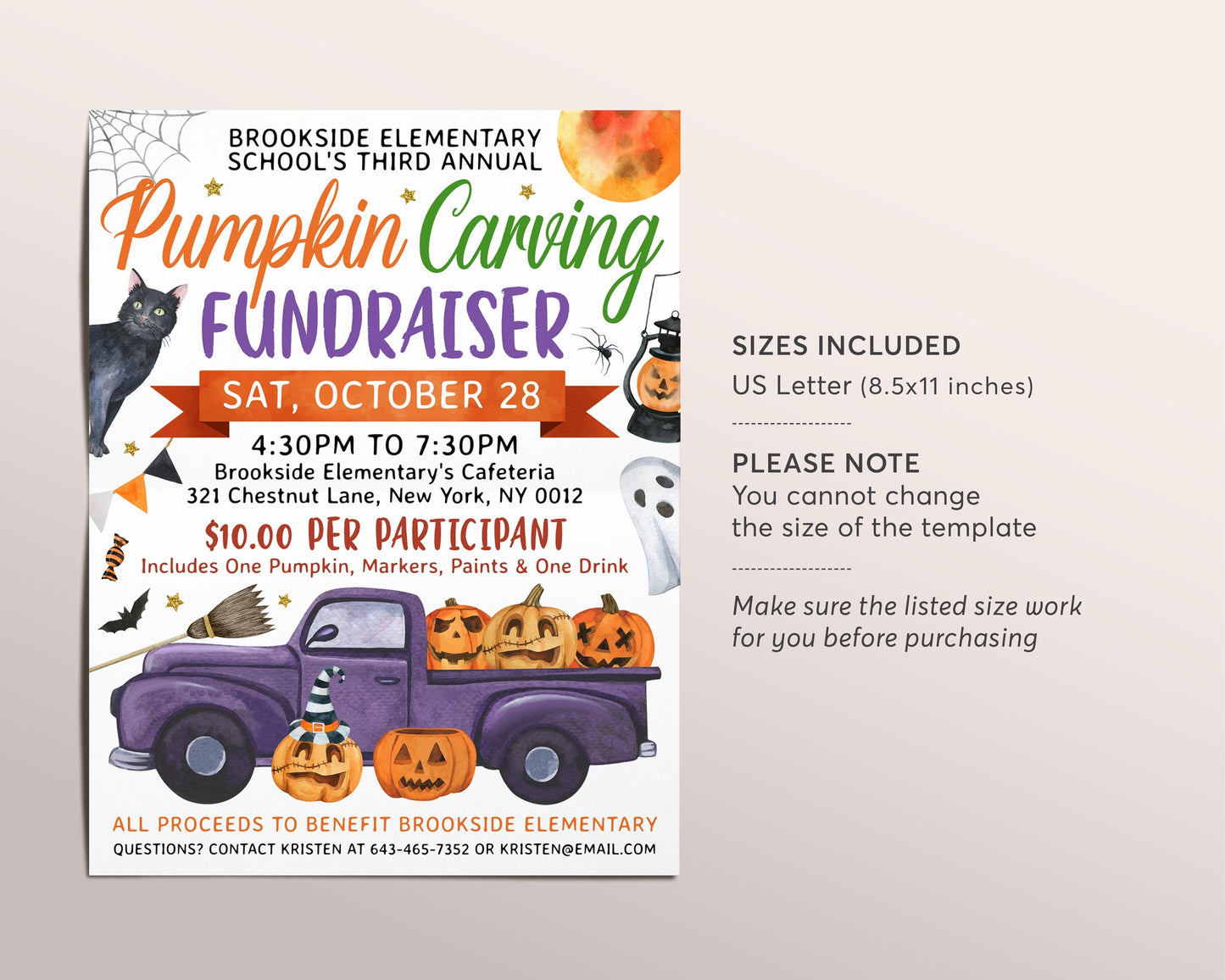 Pumpkin Carving Fundraiser Flyer Editable Template, Halloween Night Pumpkin Truck Art Party Invitation, Trick Or Treat School PTO PTA Church