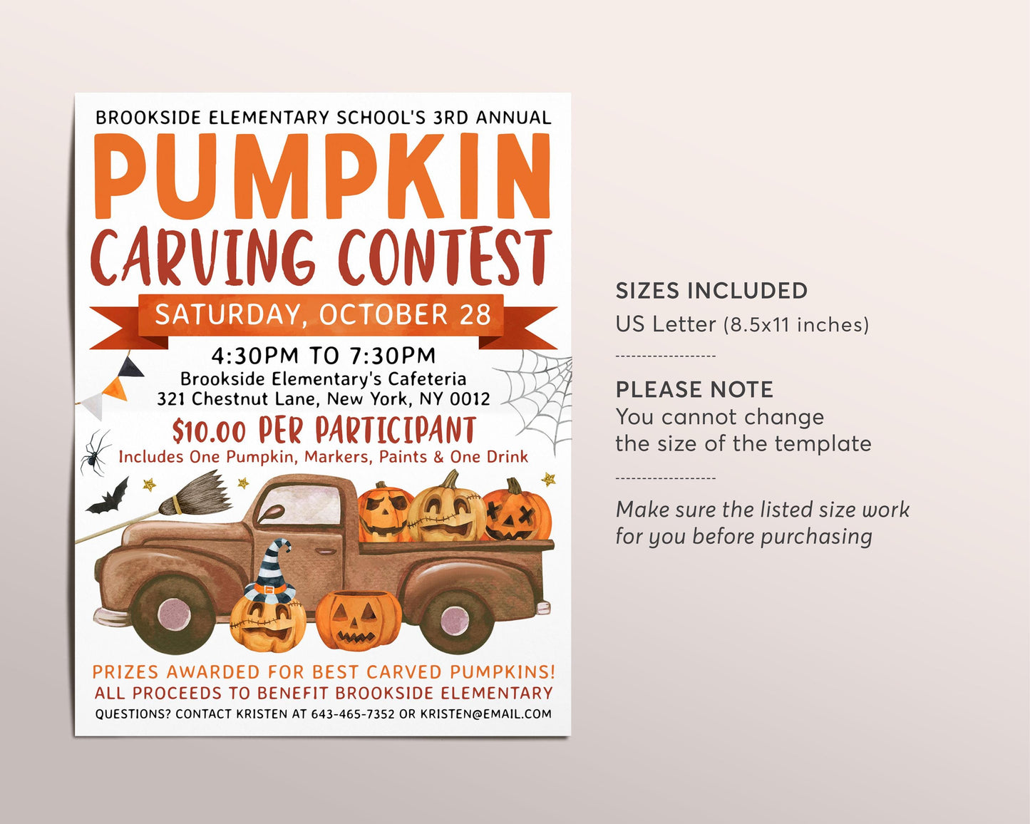 Pumpkin Carving Contest Flyer Editable Template, Halloween Pumpkin Truck Art Party Invitation, Fall Harvest School PTO PTA Church Event