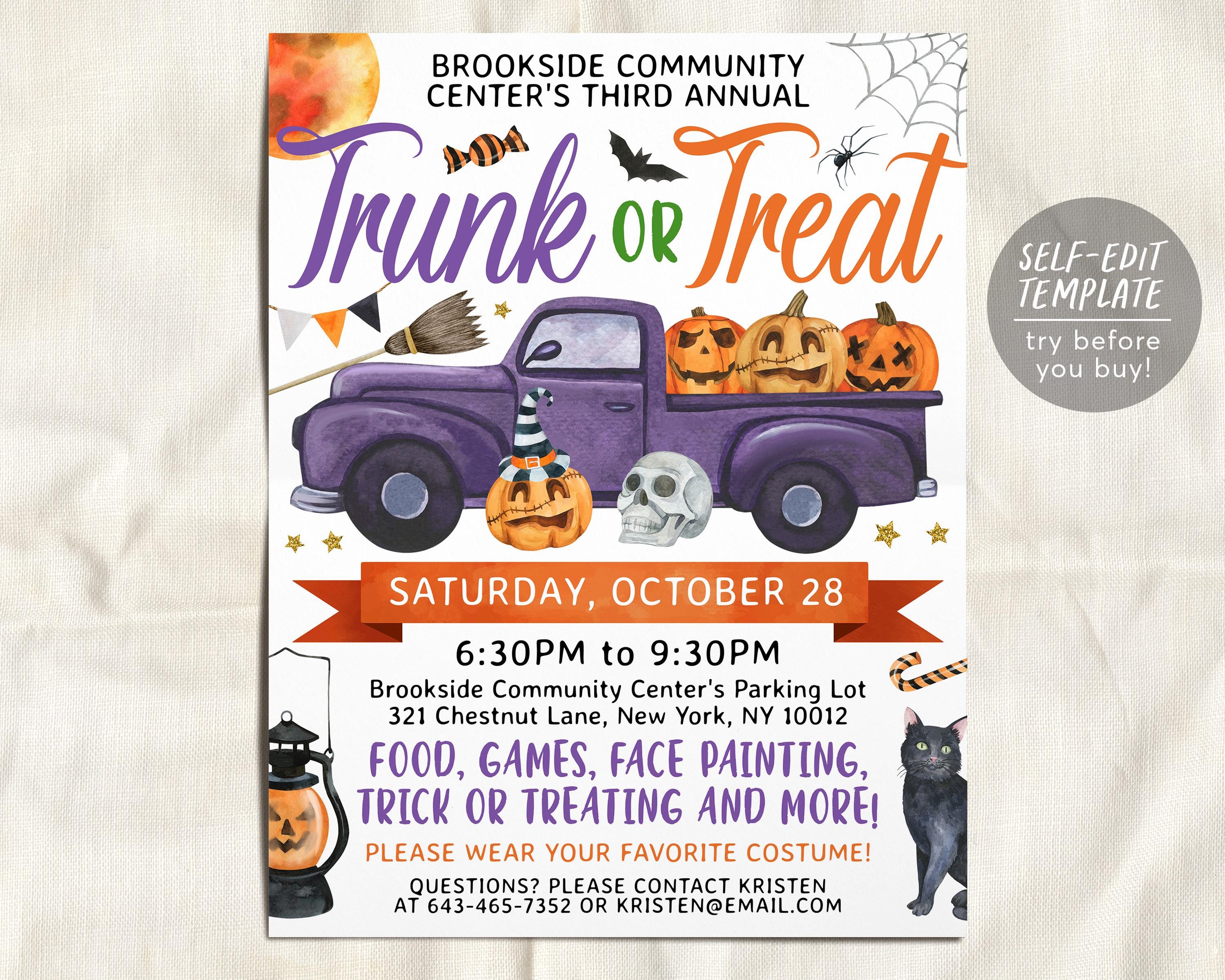 Trunk or Treat Flyer Editable Template, Halloween Night Party Flyer In