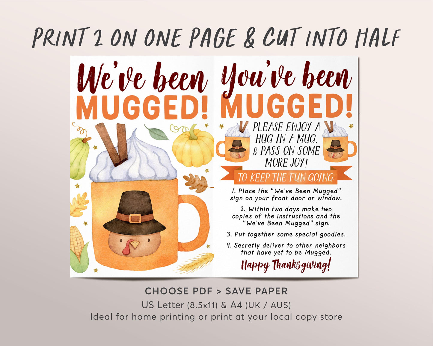 We've Been Mugged Game Editable Template, You've Been Mugged, Thanksgiving Friendsgiving Activity Tradition Sign Instructions Neighbors