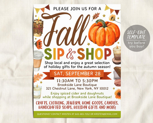 Sip and Shop Fall Holiday Boutique Flyer Editable Template