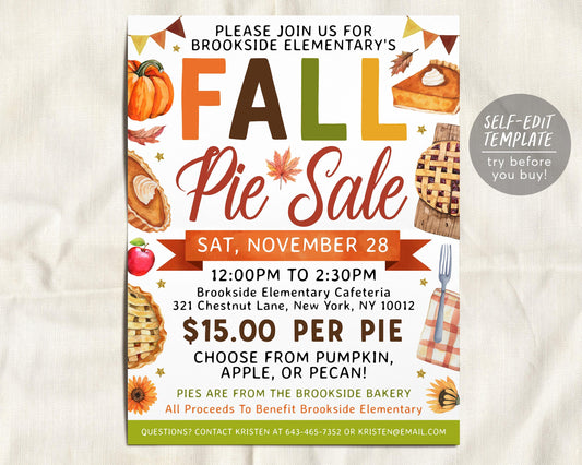 Fall Pie Sale Fundraiser Flyer Editable Template