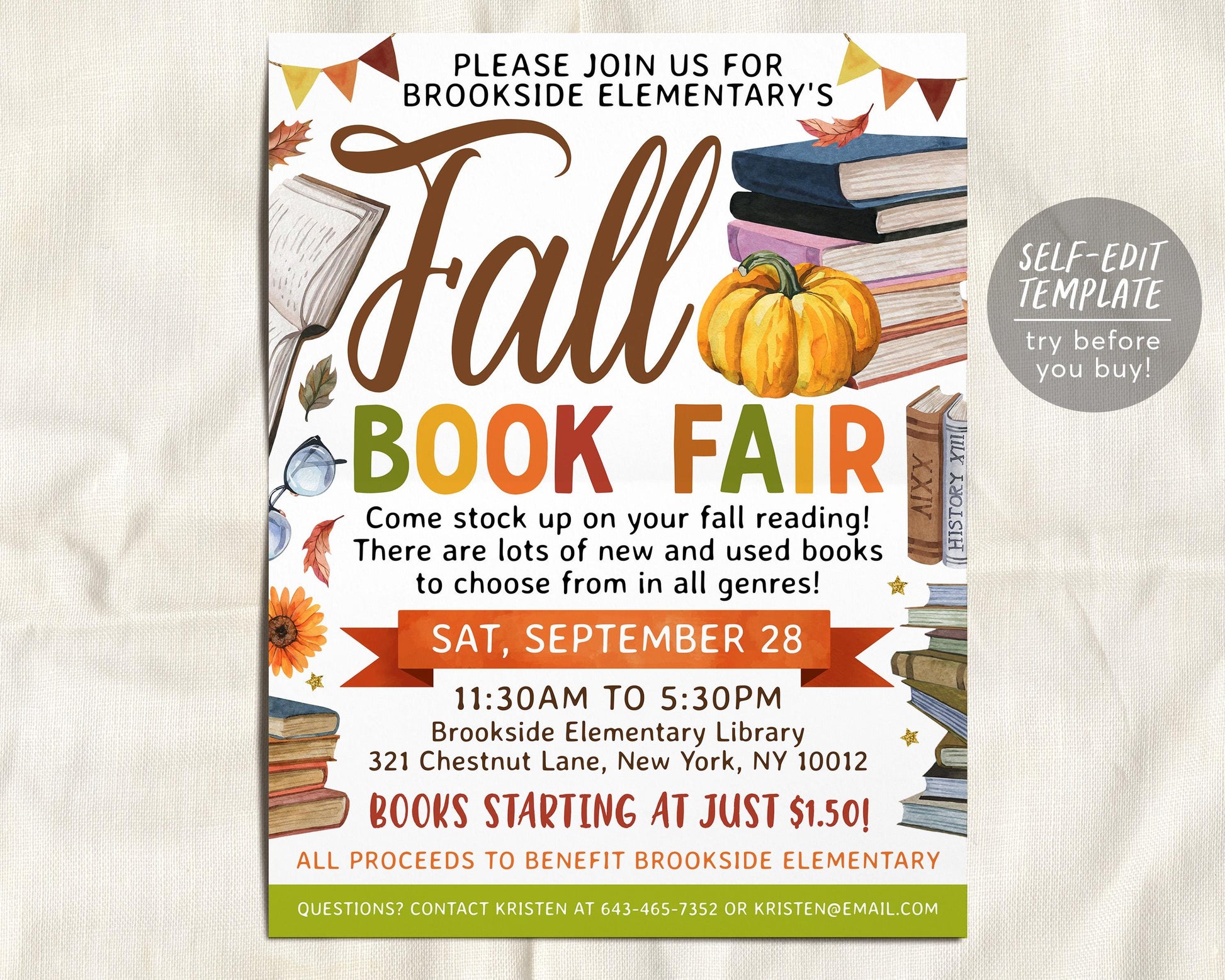 Fall Book Fair Flyer Editable Template