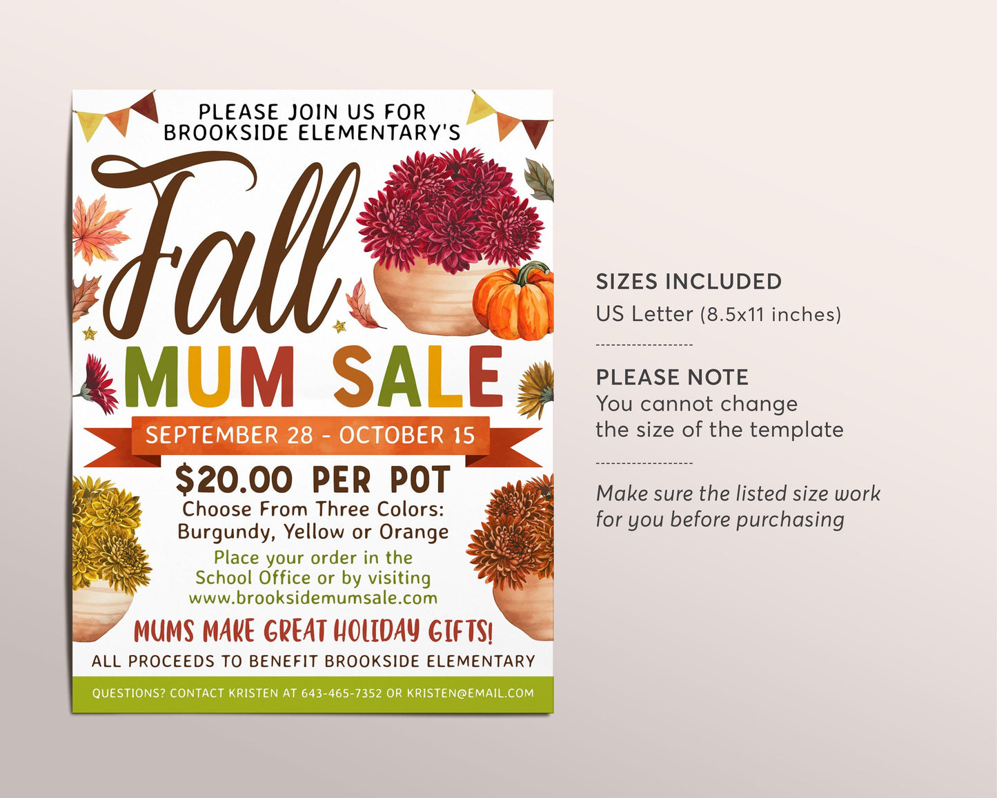 Fall Mum Sale Fundraiser Flyer Editable Template, Potted Flower Chrysanthemum Sale Invitation, Autumn Holiday Plant School PTA PTO Community