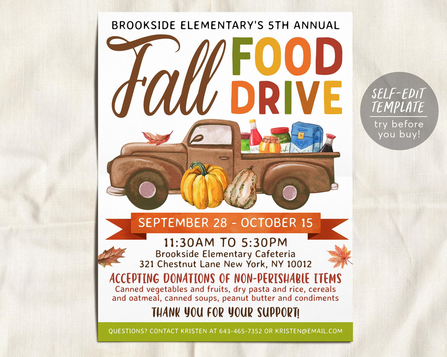 Fall Food Drive Flyer Editable Template