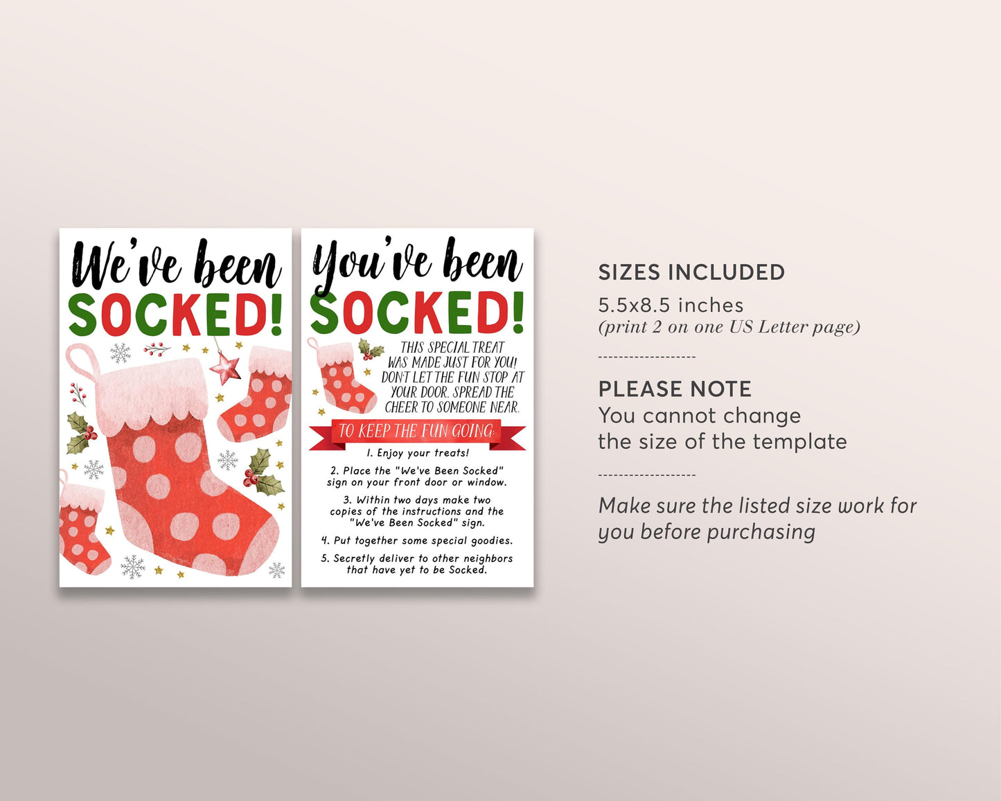 We've Been Socked Game Editable Template, Christmas Stocking You've Been Socked, Holiday Gift Exchange Sign And Instructions Kit Printable