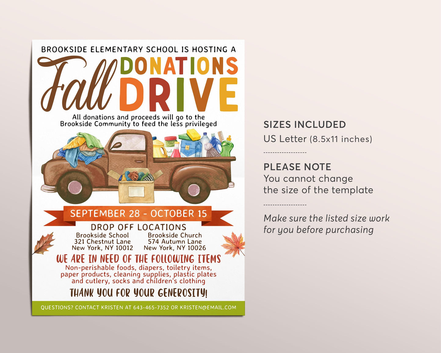 Fall Donation Drive Flyer Editable Template, Thanksgiving Food Drive, Drop Off Food Bank, School PTO PTA Church Community Clothing Drive