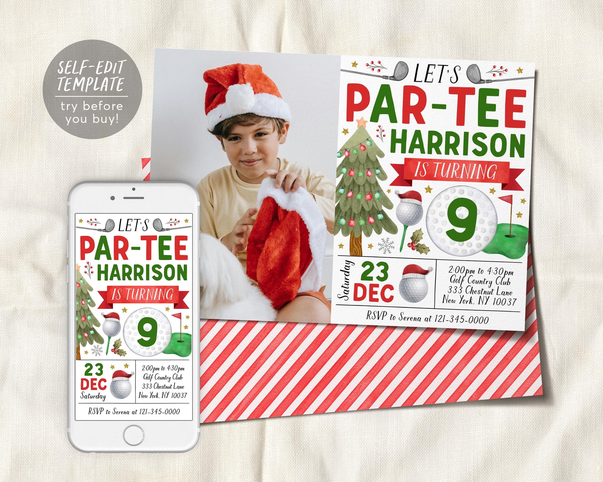 Christmas Golf Birthday Invitation With Photo Editable Template