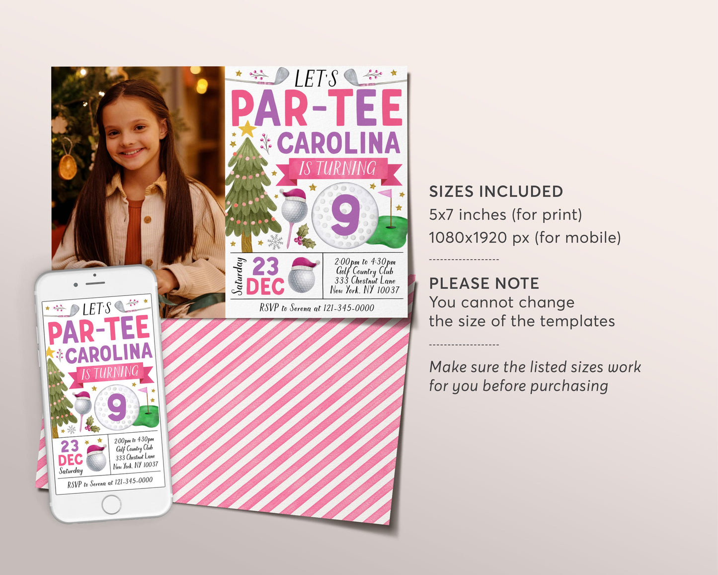 Christmas Golf Birthday Invitation With Photo Editable Template, Holiday Girl Kids Let's Par-Tee Golf Ball Party Invite, Sports Theme Evite