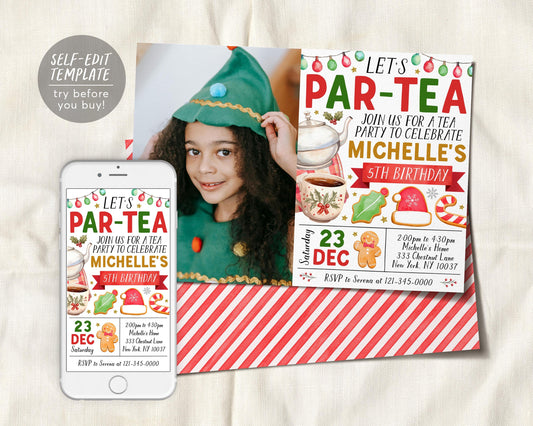 Christmas Tea Party Birthday Invitation With Photo Editable Template