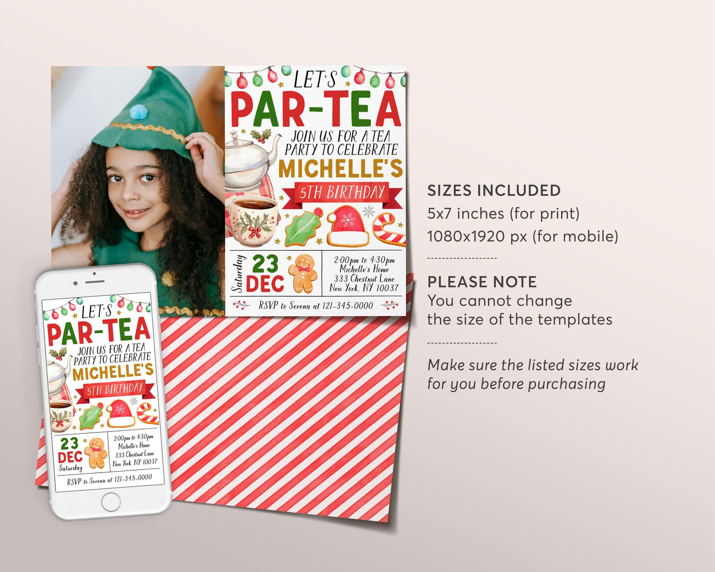 Christmas Tea Party Birthday Invitation With Photo Editable Template, Kids Let's Par-Tea Invite, Winter High Tea Party Afternoon Tea Evite