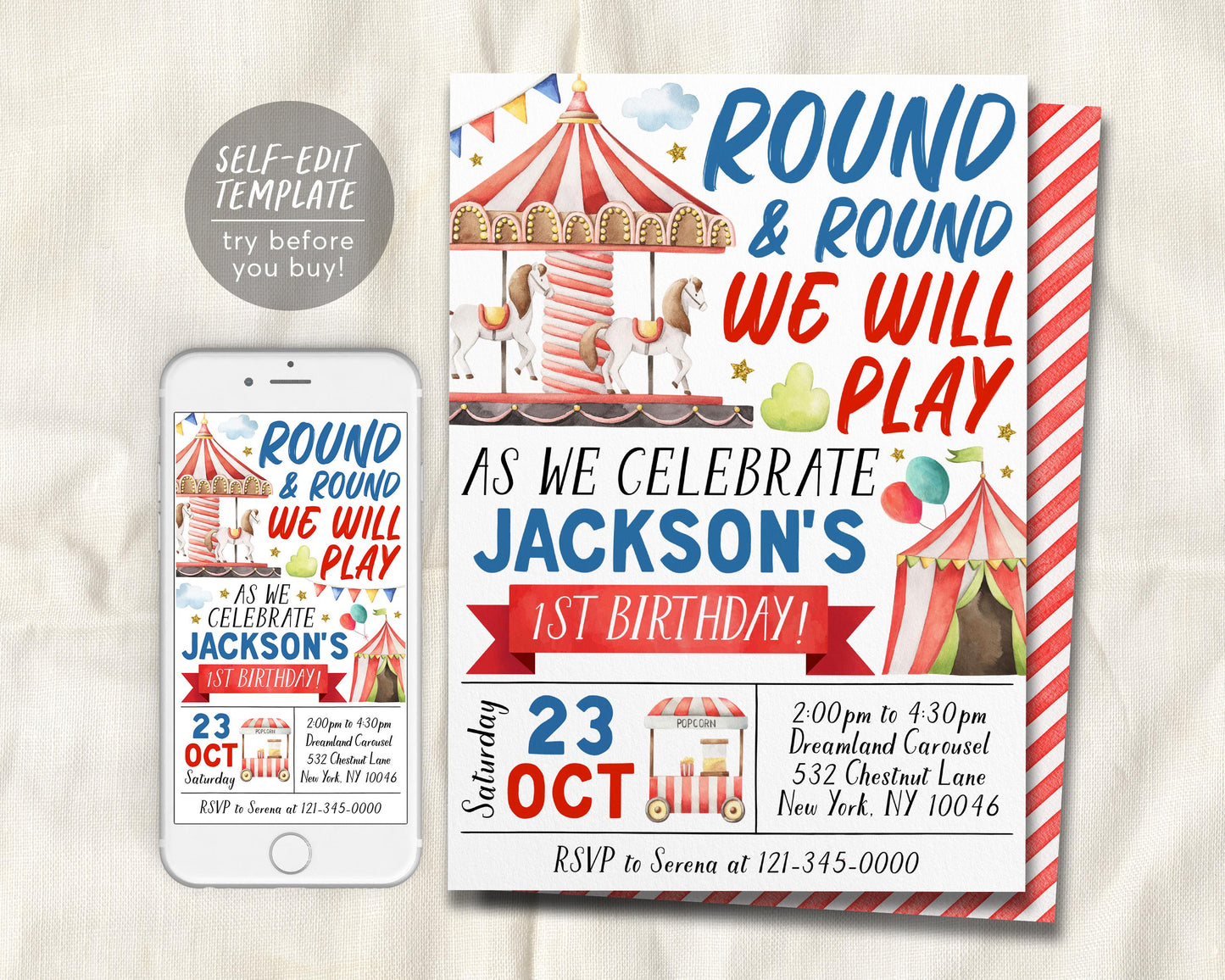 Carousel Birthday Invitation Editable Template