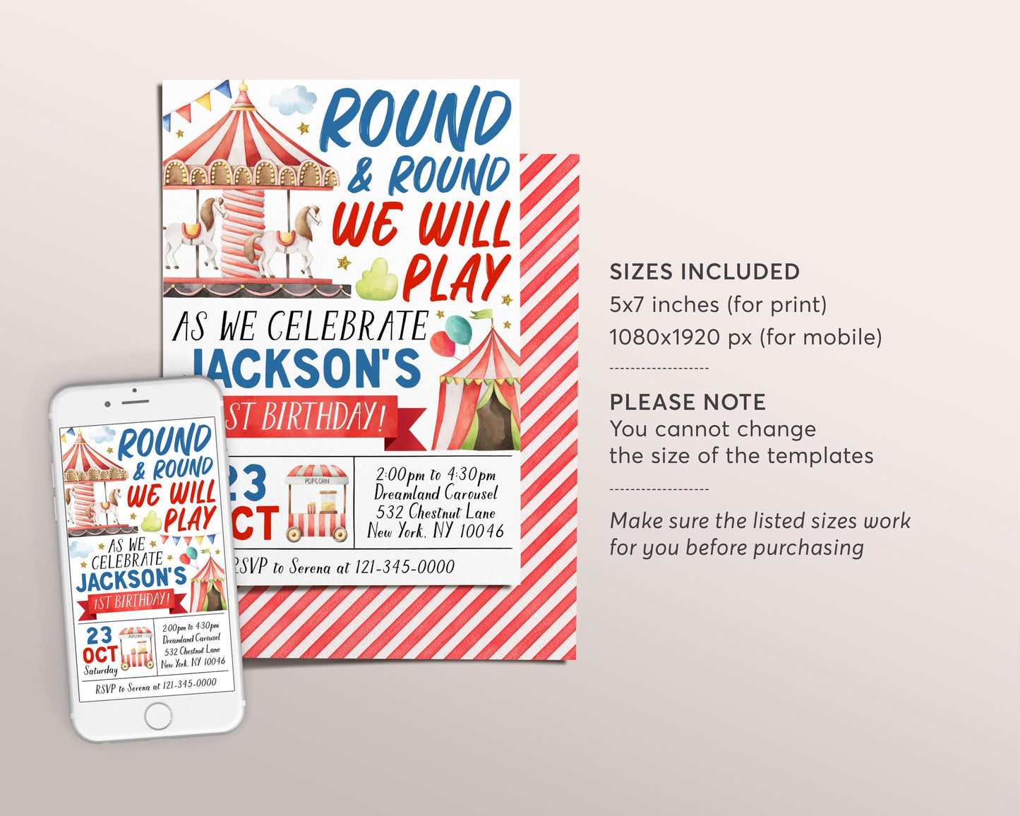 Carousel Birthday Invitation Editable Template, Unisex Magical Carousel First Birthday Invite, Merry Go Round Horse Party Carnival Evite