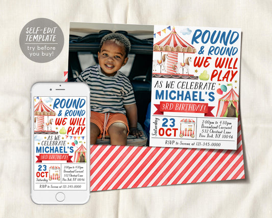 Carousel Birthday Invitation With Photo Editable Template