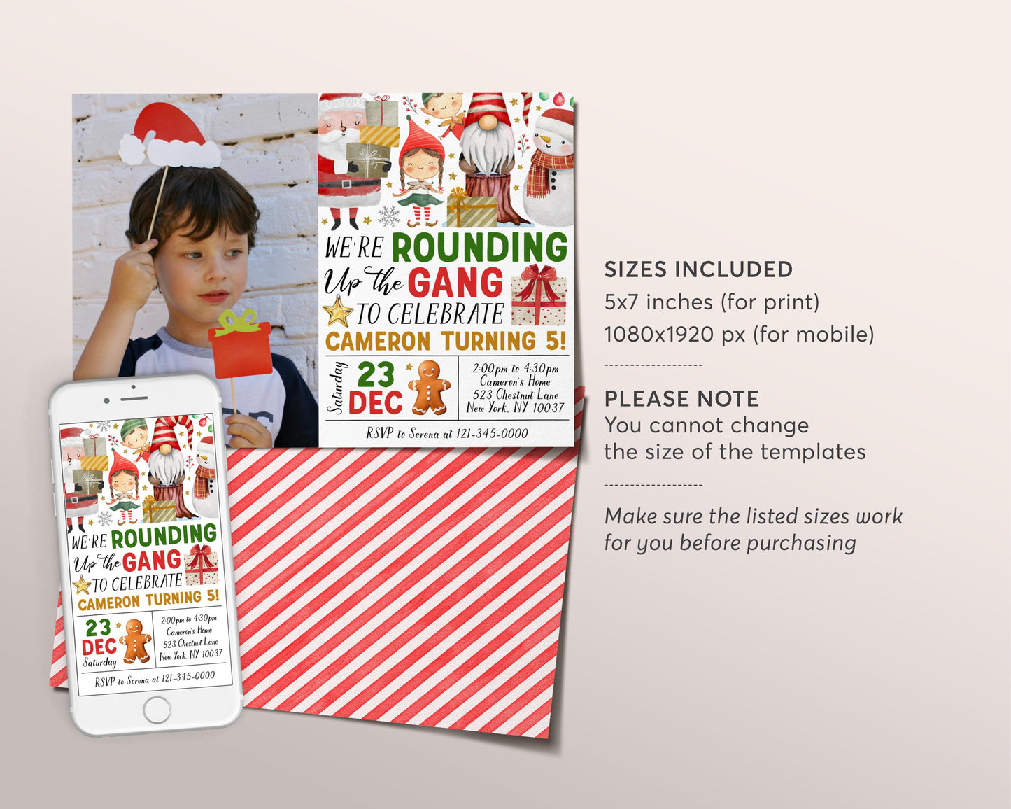 We're Rounding Up The Gang Birthday Invitation With Photo Editable Template, Santa's Crew Holiday Party Invite, Kids Merry Christmas Evite