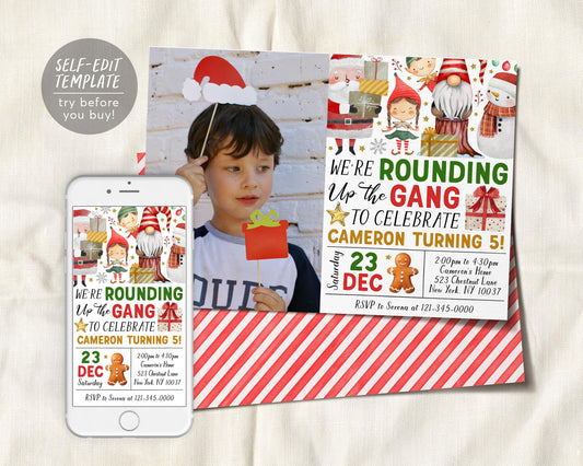 We're Rounding Up The Gang Birthday Invitation With Photo Editable Template, Santa's Crew Holiday Party Invite, Kids Merry Christmas Evite