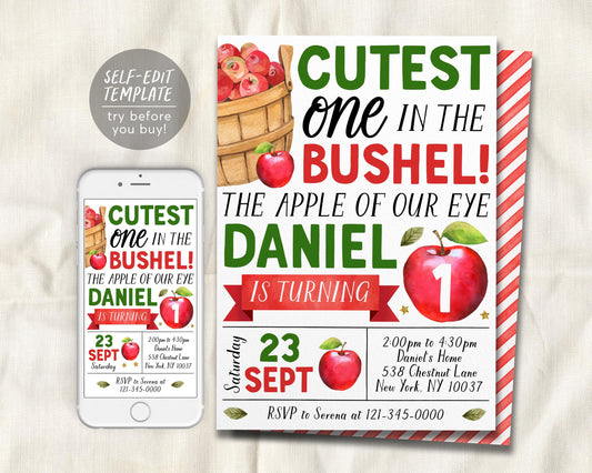 Fall Apple First Birthday Invitation Editable Template