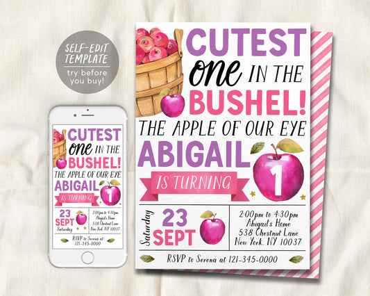 Fall Apple First Birthday Invitation Editable Template