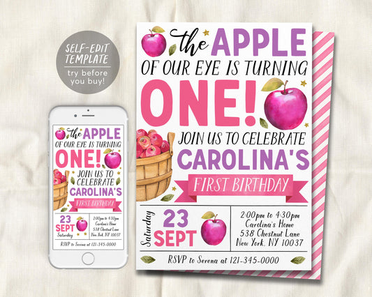 Fall Apple First Birthday Invitation Editable Template